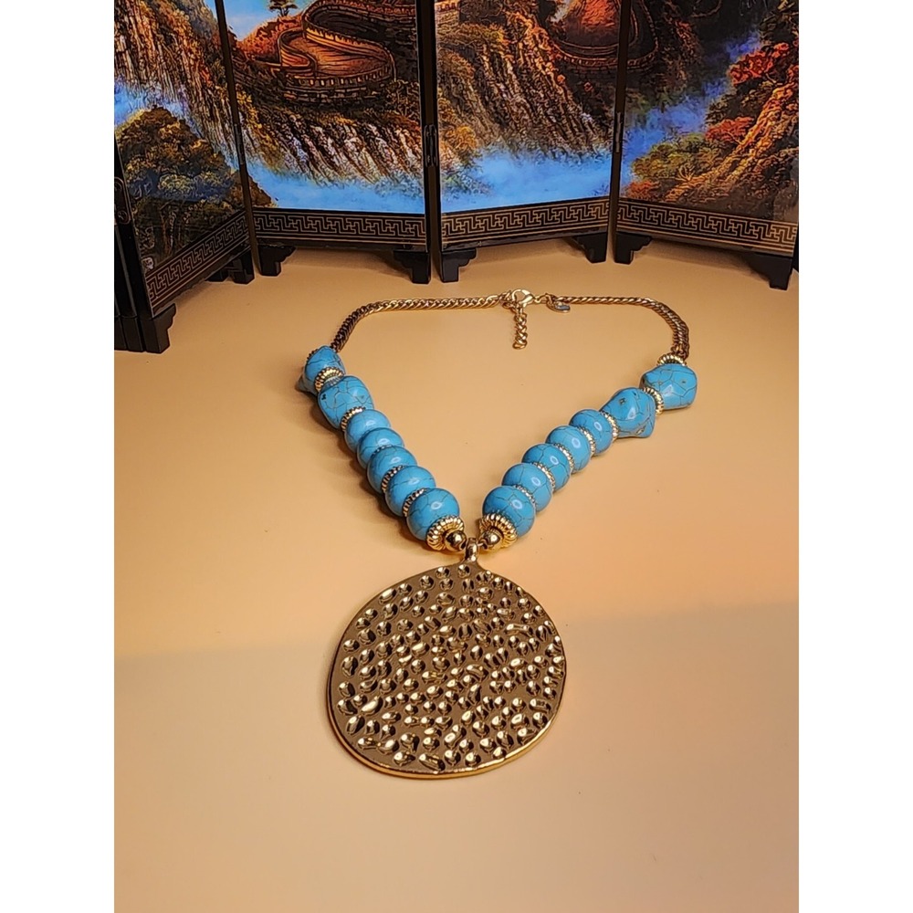 CHARMING CHARLIE Faux Turquoise Bead & Dimple Disc Necklace Curb Chain FREE $HIP